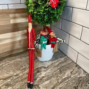 Creative Co-Op 13" Canvas Santa & 2- 5.5" Fabric Vintage Repro Elf Ornaments NWT